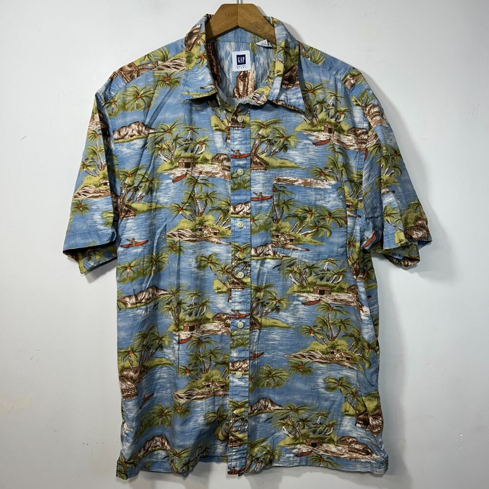 Gap Factory Hawaiian Shirt Mens L Blue Tropical Palm Tree Cotton Short Sleeve